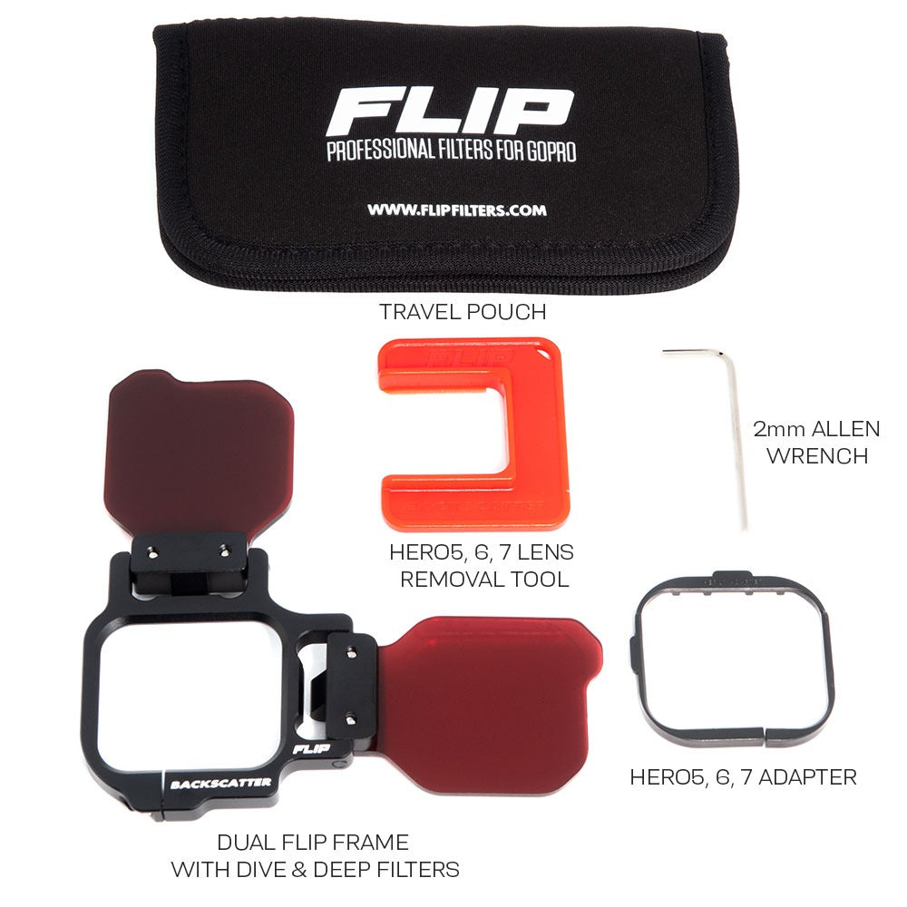 Backscatter FLIP13 frame on a GoPro housing with the DIVE+ filter flipped down