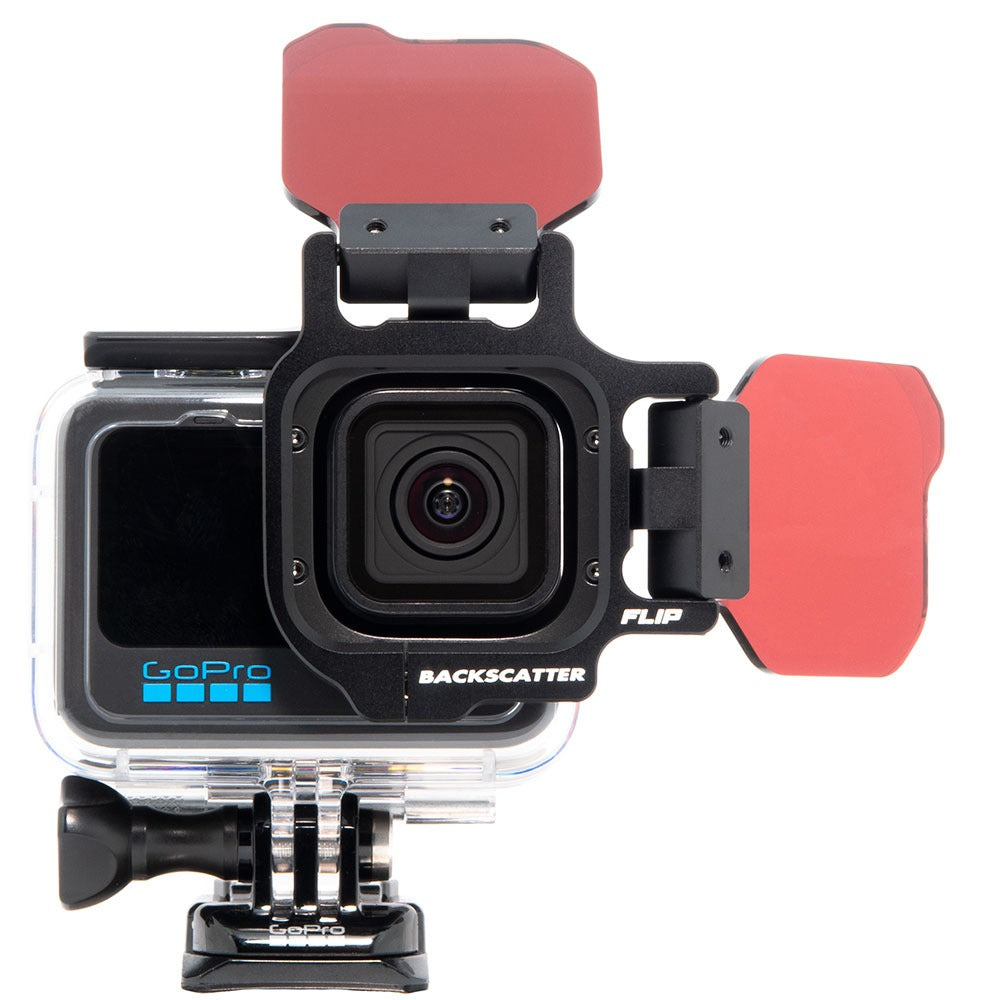 Backscatter FLIP13 frame on a GoPro housing with the DIVE+ filter flipped down