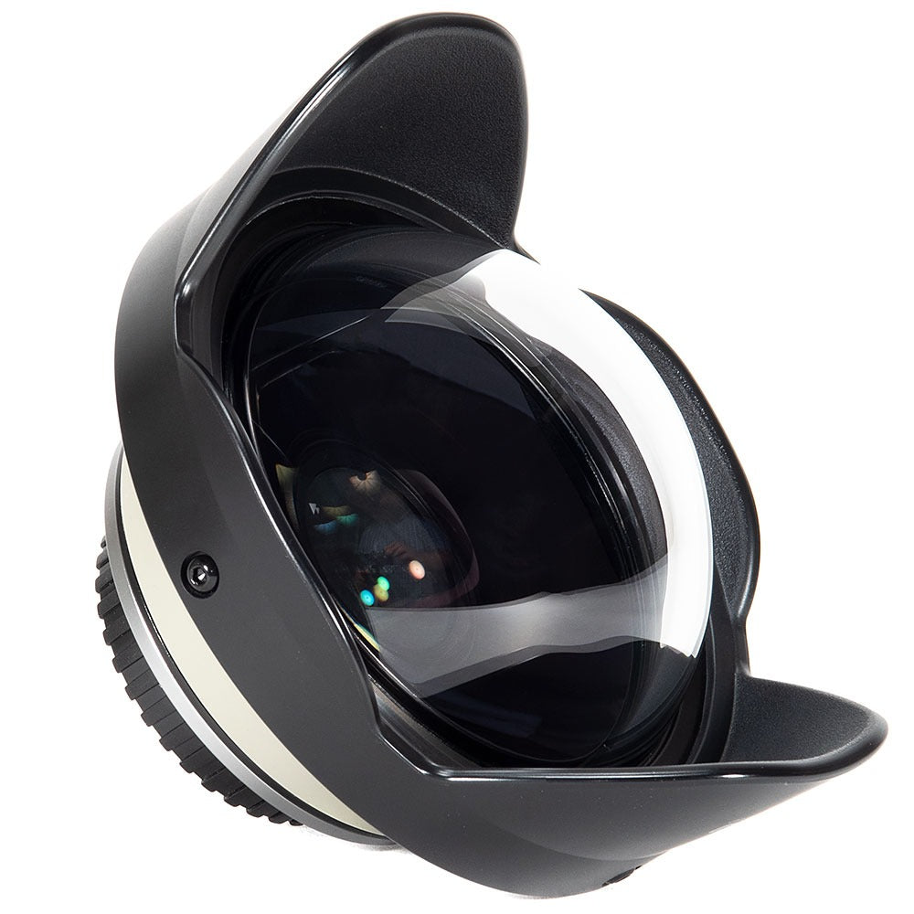 Backscatter M52 Wide Angle Wet Lens with its petal shade, angled view