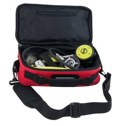 Tecline red regulator bag open with a regulator set inside