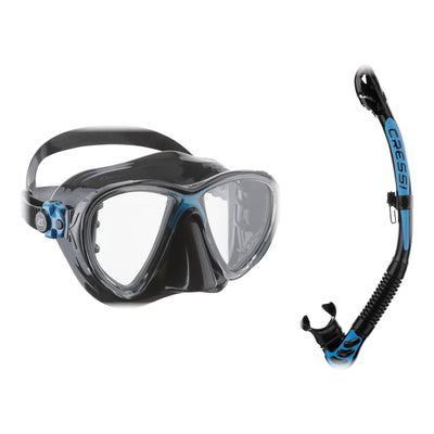 Cressi Big Eyes Evolution mask in black with blue and Alpha Ultra Dry snorkel in black with blue