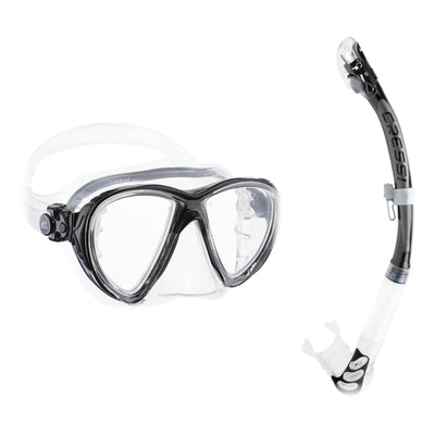 Cressi Big Eyes Evolution mask in clear with black and Alpha Ultra Dry snorkel in black and clear