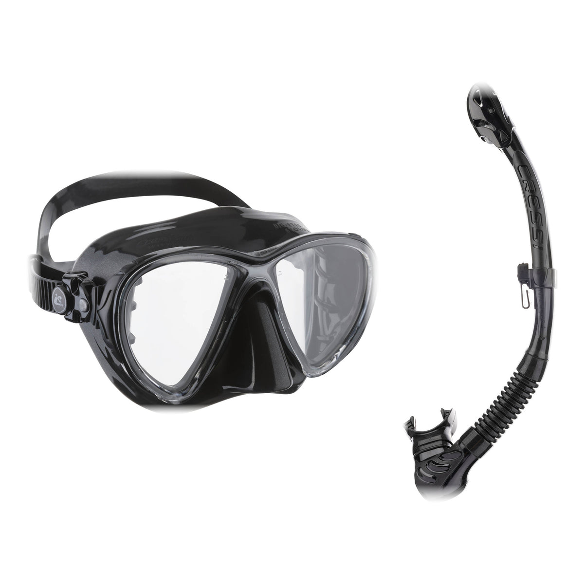 Cressi Big Eyes Evolution mask in black and Alpha Ultra Dry snorkel in black