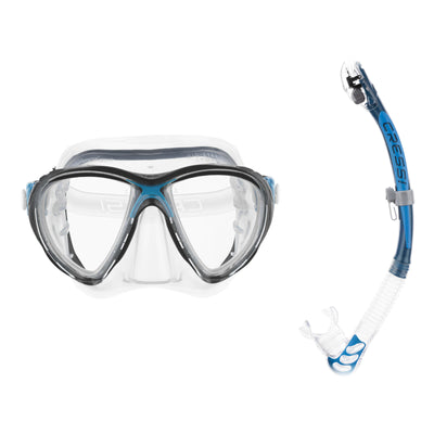 Cressi Big Eyes Evolution mask in clear with blue and Alpha Ultra Dry snorkel in clear with blue