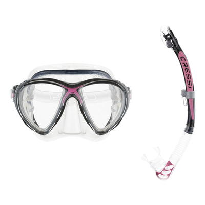 Cressi Big Eyes Evolution mask in clear with pink and Alpha Ultra Dry snorkel in black and clear with pink