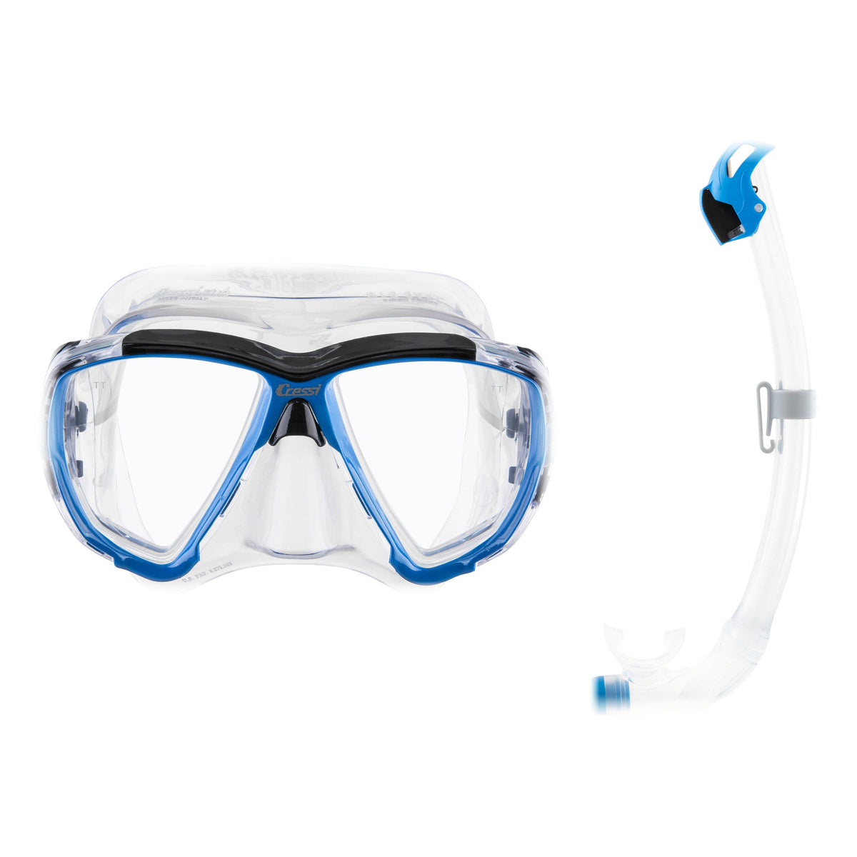Cressi Big Eyes mask in clear with azure and Seal Dry snorkel in clear with azure