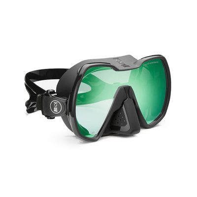 Fourth Element Seeker single-lens dive mask in black with a green mirrored Contrast lens