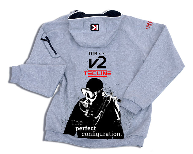 Back of the grey Tecline V2 hooded jumper with the DIR set V2 print and diver graphic