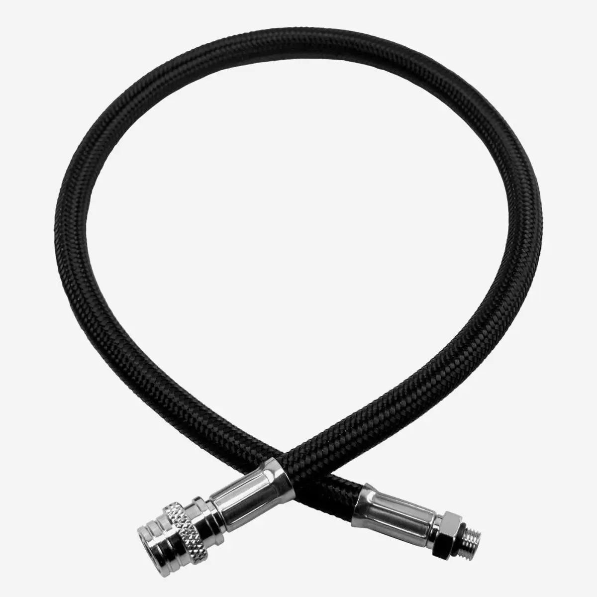 Aqua Lung braided low pressure inflator hose in black, coiled to show both chrome end fittings
