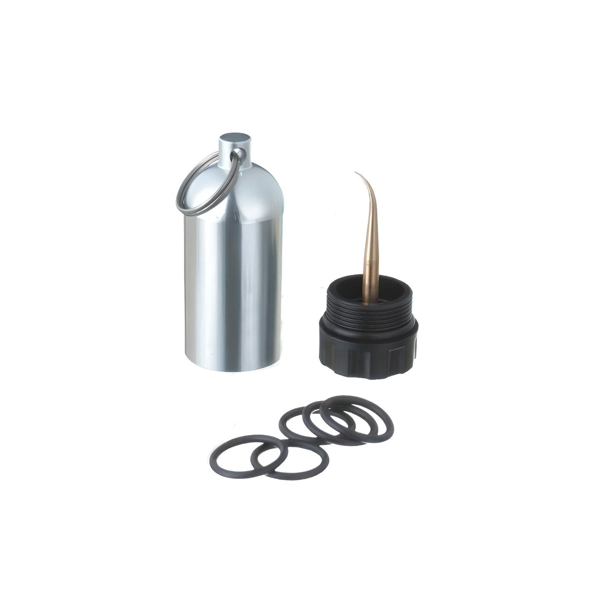 Scubatech mini cylinder key ring with screw cap, pick and spare O-rings