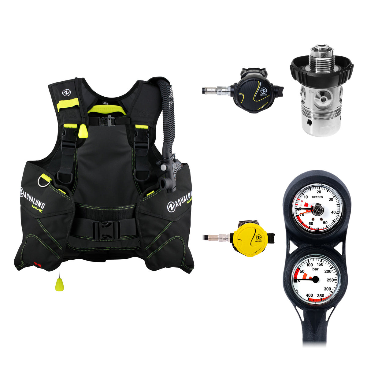 Aqua Lung Wave BCD in black and lime, Calypso regulator and two-gauge console, with the Octopus Calypso / Titan Classic octopus