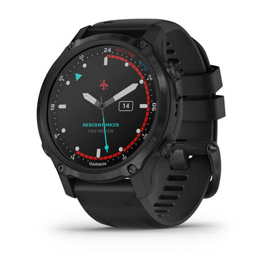 Garmin Descent Mk2S dive computer in carbon grey DLC with black silicone band, front view
