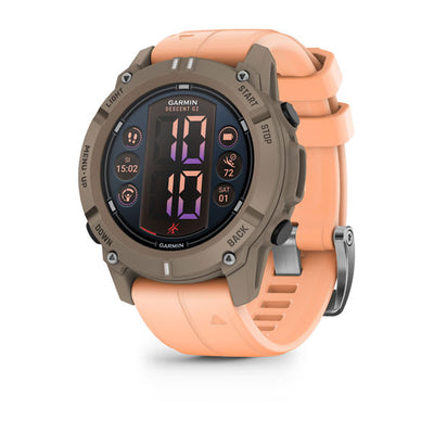 Garmin Descent G2 Paloma with a shell pink band, angled view showing the display