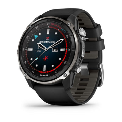 Garmin Descent Mk3i on a DLC titanium bracelet showing the analogue watch face