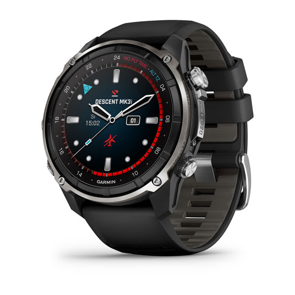 Garmin Descent Mk3i 51 mm dive computer, Carbon Grey DLC titanium case and DLC titanium band, three-quarter view