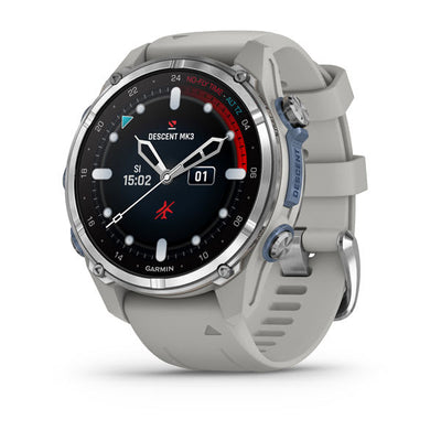 Garmin Descent Mk3 43 mm dive computer, stainless steel with fog grey silicone band, front view