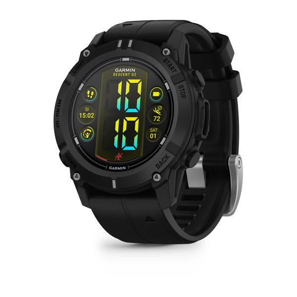 Garmin Descent G2 in black, angled view showing the apnea timer screen