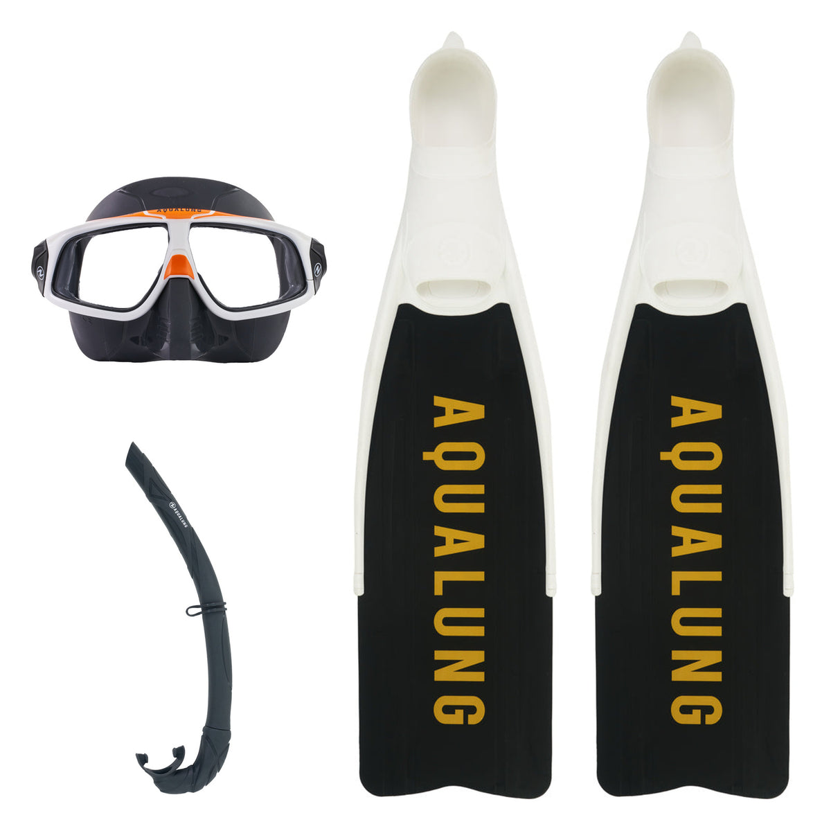 Aqua Lung Sphera X mask in asphalt with a white and orange frame, Wrap snorkel in grey and Cyclone X fins in white with black blades