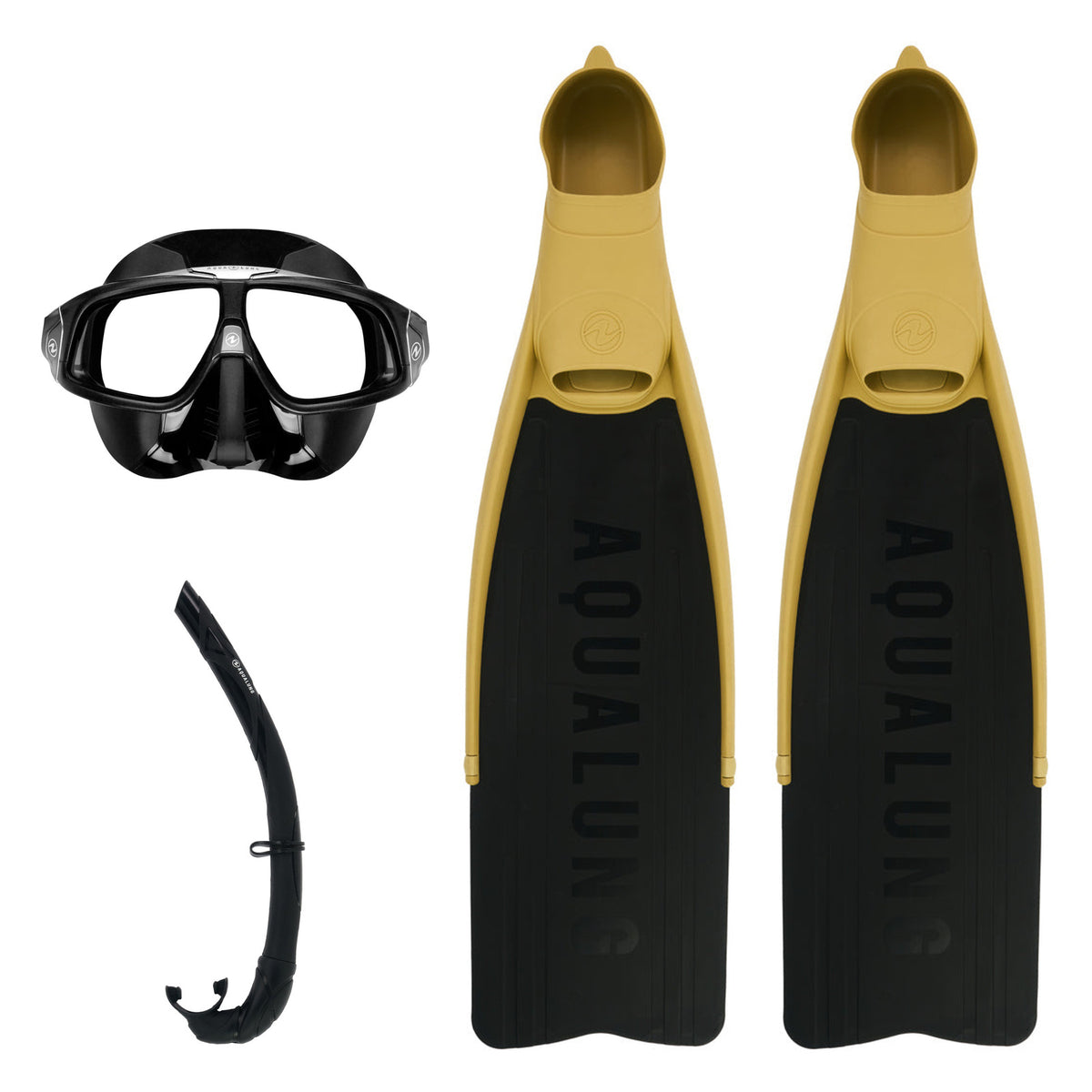 Aqua Lung Sphera X mask in black, Wrap snorkel in black and Cyclone X fins in sand with black blades