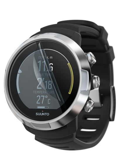 Suunto D5 dive computer on a black strap, the model this scratch guard is cut for