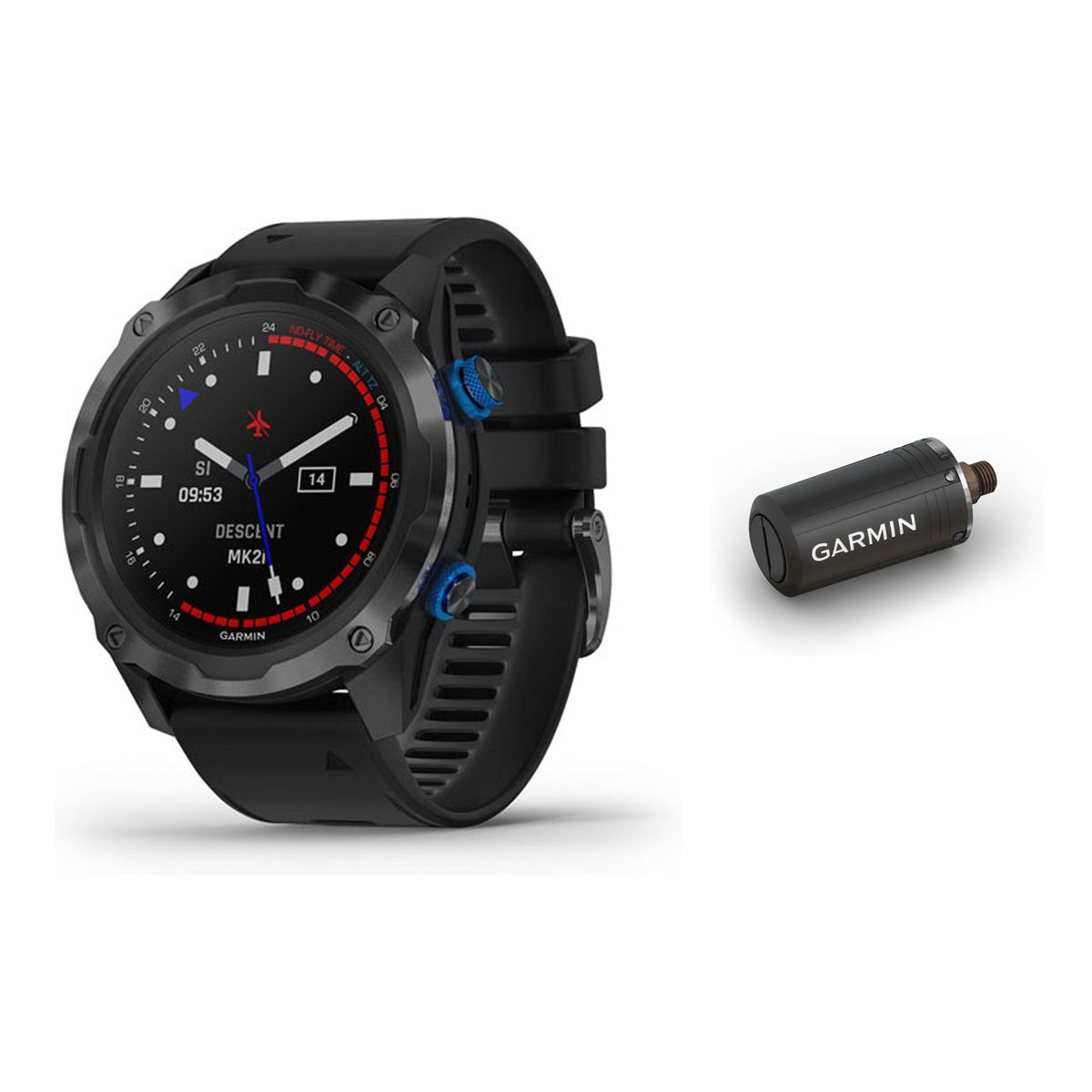 Garmin Descent Mk2i in carbon grey DLC titanium on a black silicone band, with Descent T1 transmitter