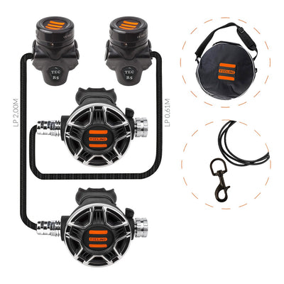Tecline R5 TEC2 DIR set: two black chrome first stages, two TEC2 second stages and bolt snap
