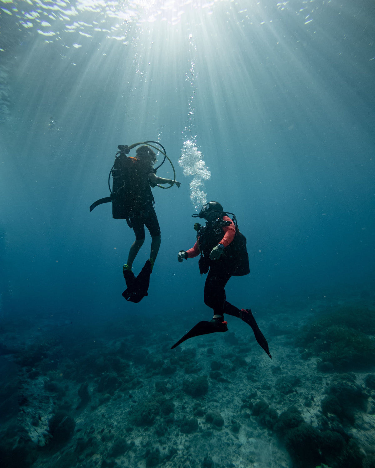 Two scuba divers hovering mid-water under strong sun rays, reef fading into blue