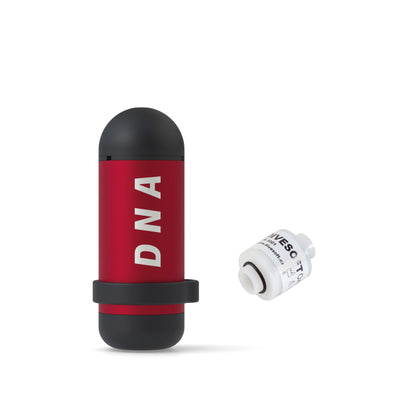Divesoft DNA red pocket nitrox analyser beside its R22S oxygen sensor