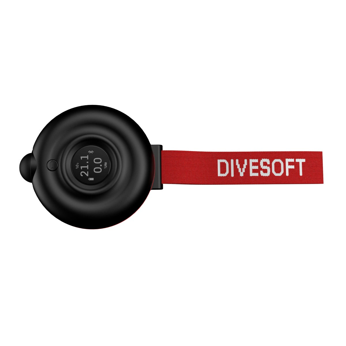 Divesoft ECHO gas analyser with round display and red wrist strap