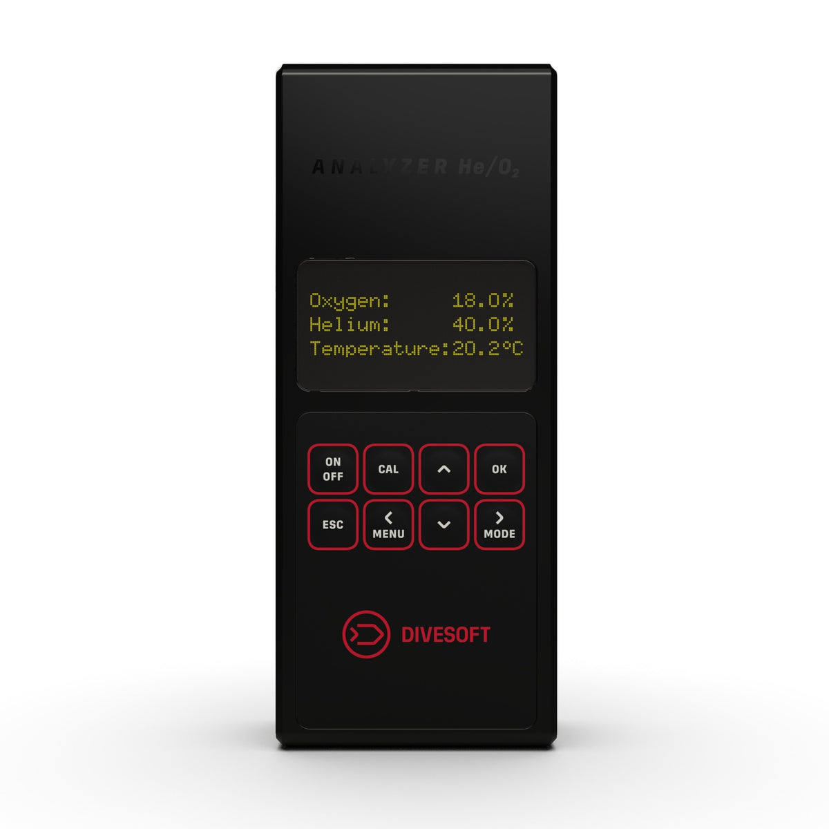 Divesoft He/O2 analyser showing oxygen, helium and temperature on the OLED display