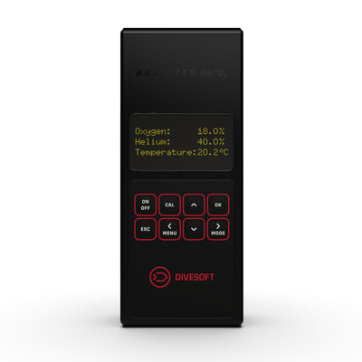 Front view of the Divesoft He/O2 trimix analyser and keypad