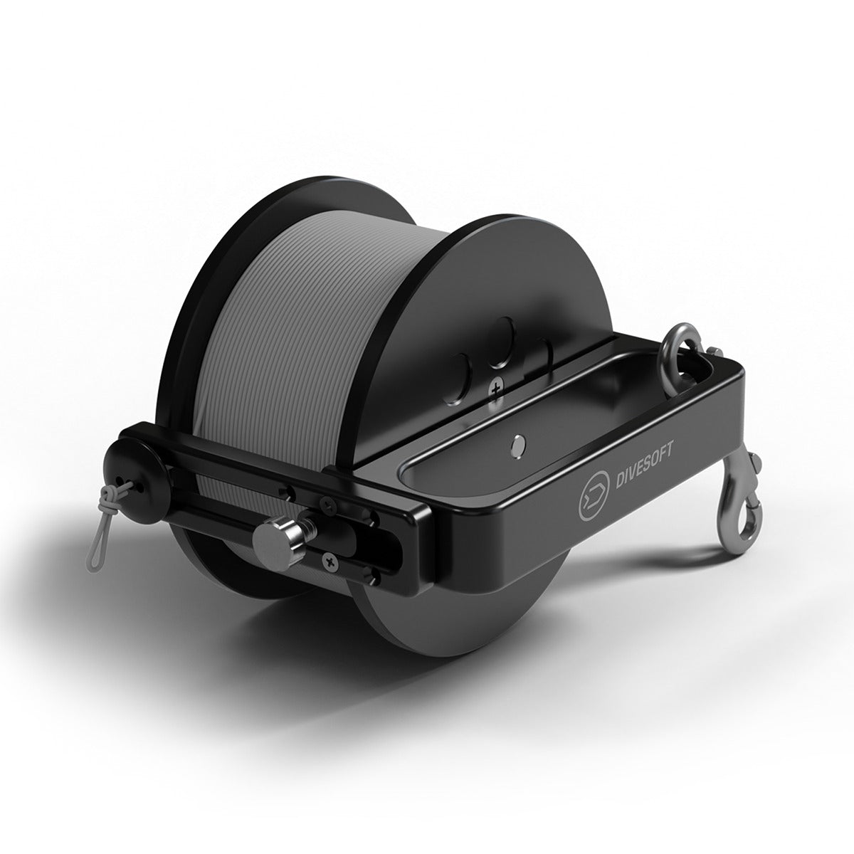 Divesoft Primary Reel in black Delrin with handle, brake and double ender