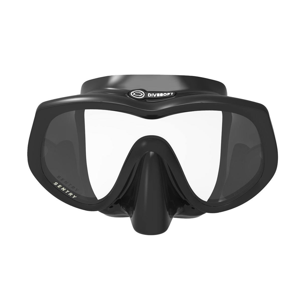 Divesoft Sentry frameless single-lens mask in black, front view