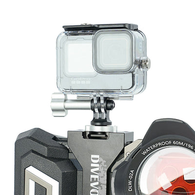 Action camera in its housing mounted with the Divevolk cold shoe adapter above a phone rig