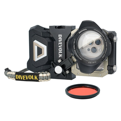 Divevolk SeaTouch 4 Max Plus Ocean Kit housing with wide-angle lens fitted and red filter