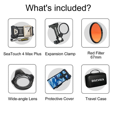 Contents of the Divevolk SeaTouch 4 Max Plus Ocean Kit laid out: housing, clamp, filter, lens, cover and case