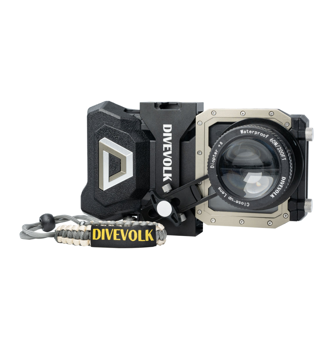 Divevolk SeaTouch 4 Max Plus Macro Kit housing with the +8 close-up lens on the expansion clamp