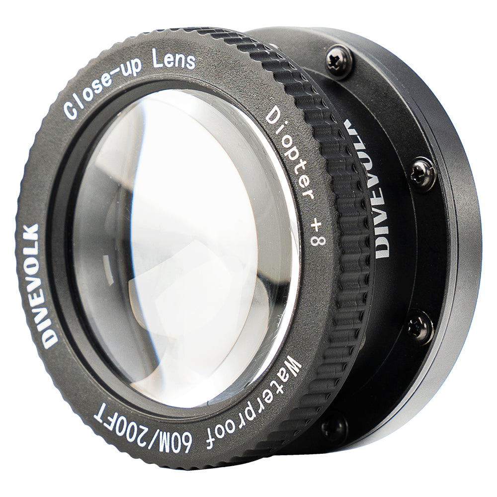 Divevolk SeaTouch 4 Max Plus Macro Kit housing with the +8 close-up lens on the expansion clamp