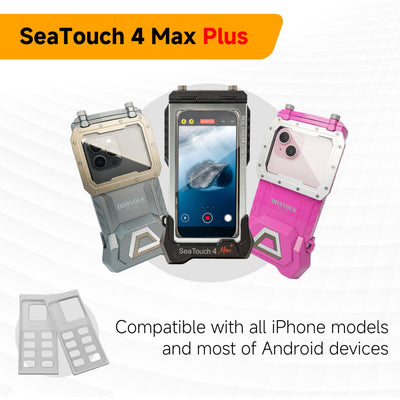 Divevolk SeaTouch 4 Max Plus housing shown with its phone adapter trays, illustration
