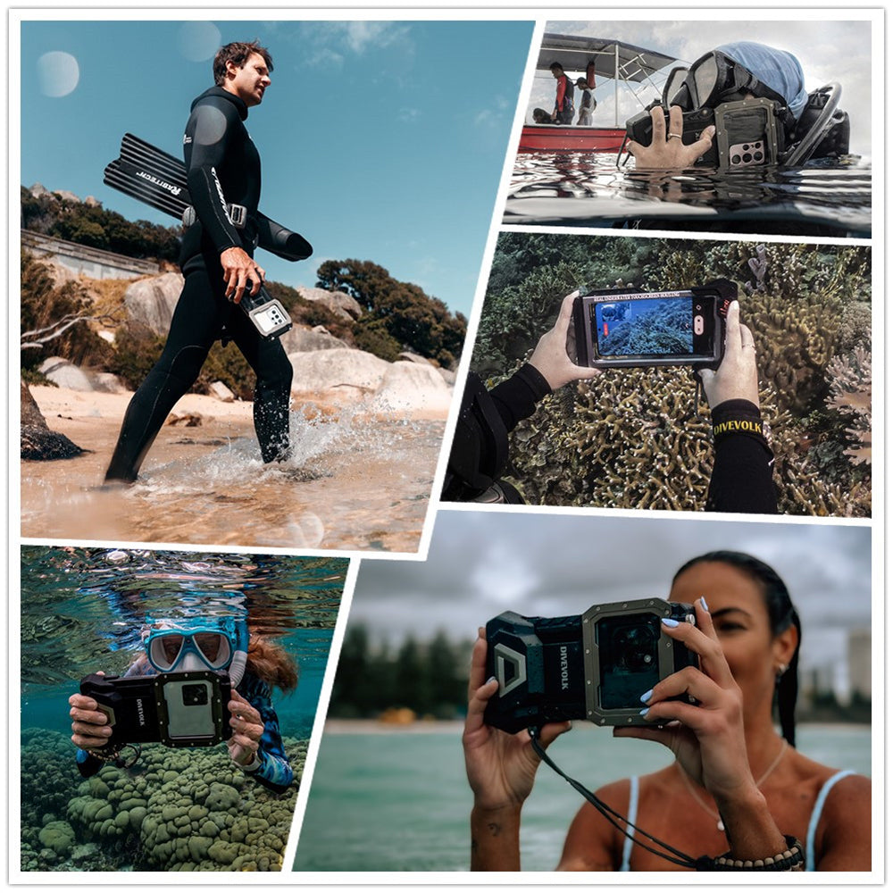 Divevolk SeaTouch 4 Max Plus underwater phone housing in black with lanyard, front view