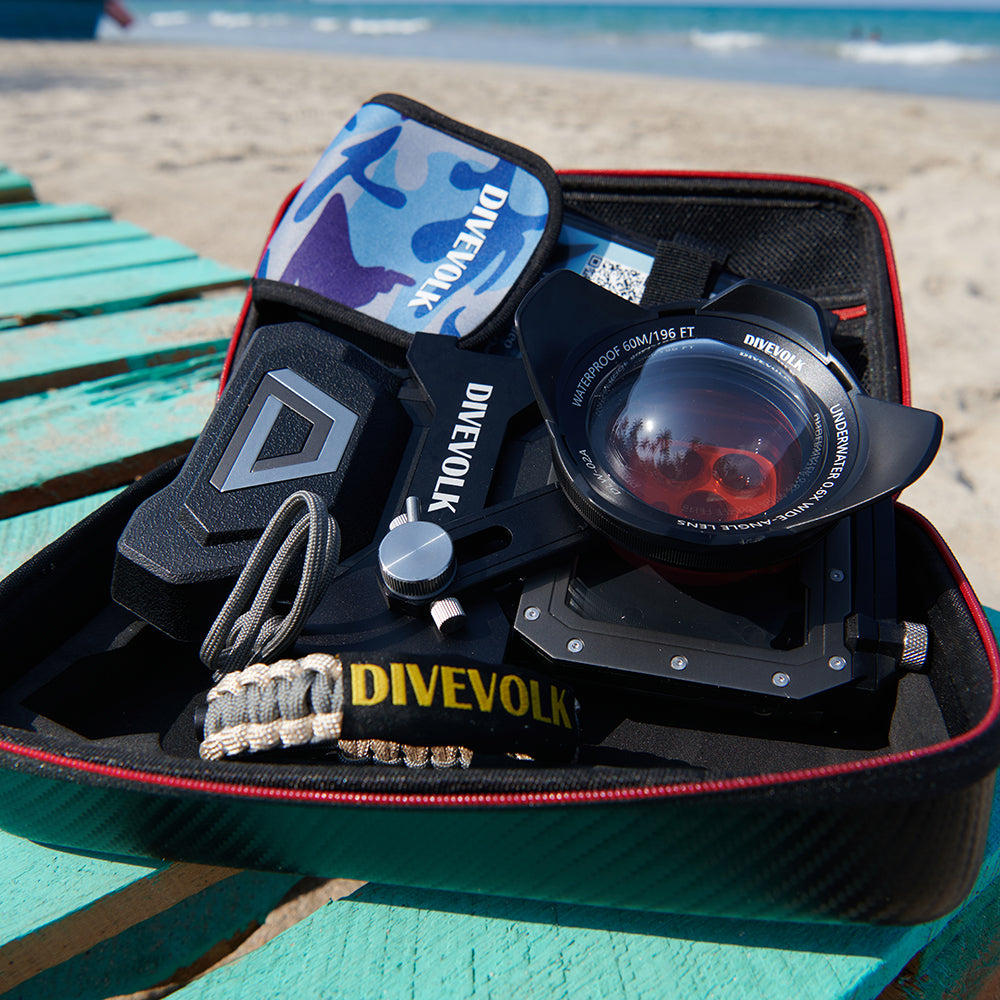 Divevolk camo blue protective cover packed in a travel case with a SeaTouch rig