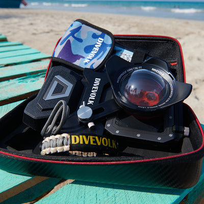 Divevolk camo blue protective cover packed in a travel case with a SeaTouch rig