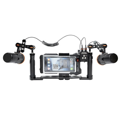 Divevolk Dual Handle Tray rig with SeaTouch housing and two lights on arms