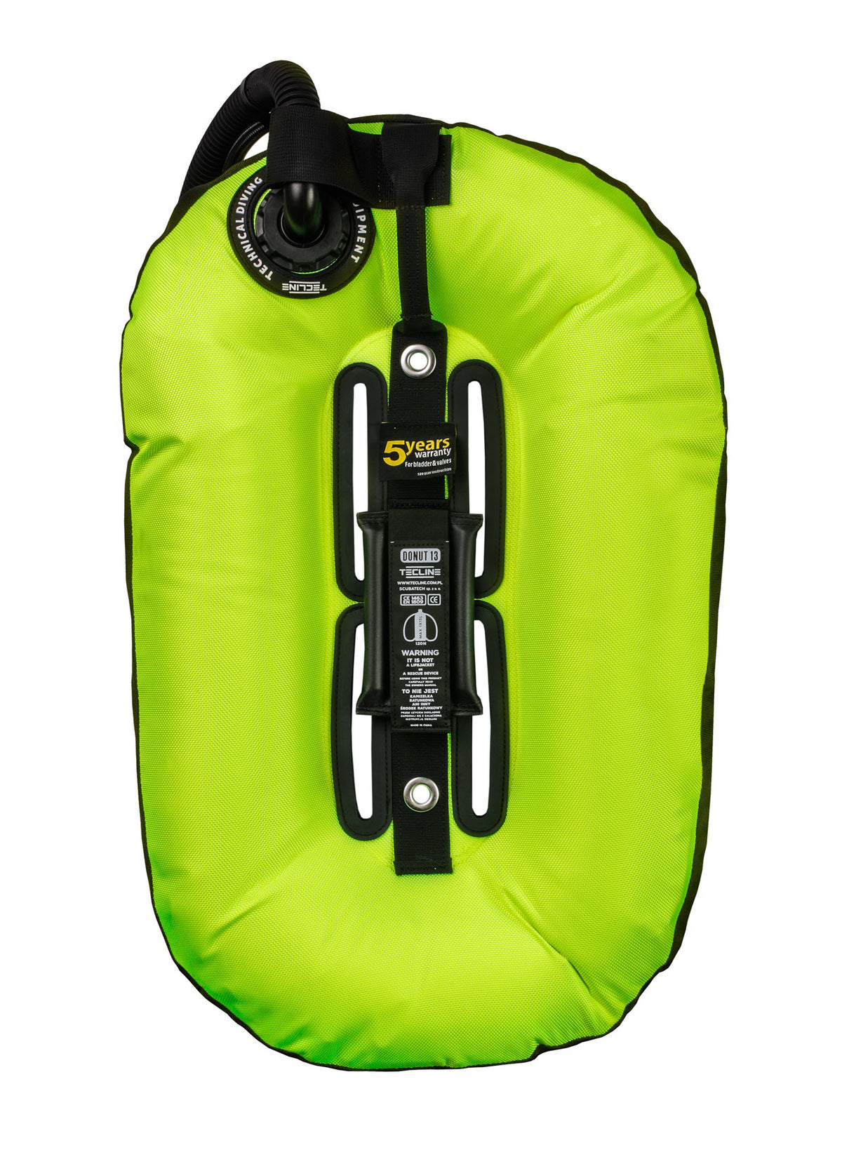 Tecline Donut 13 wing in lime, back view showing the built-in single tank adapter