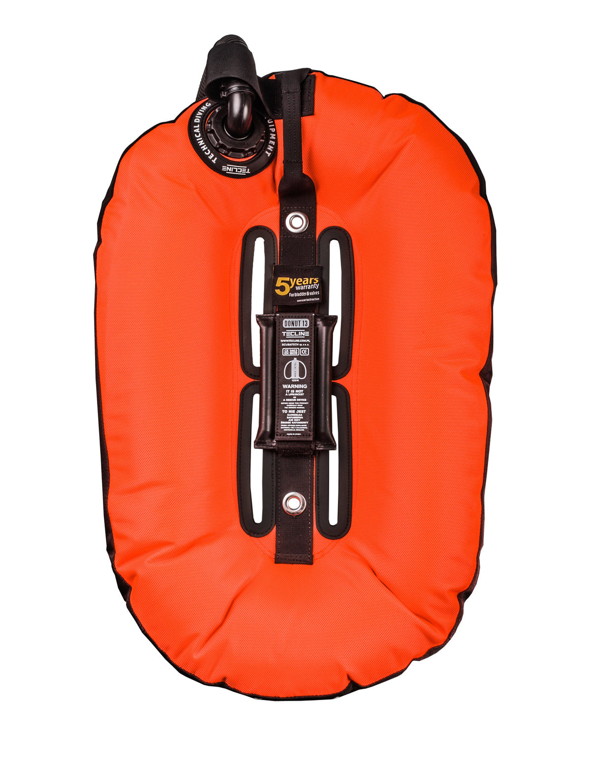 Tecline Donut 13 wing in orange, back view showing the built-in single tank adapter