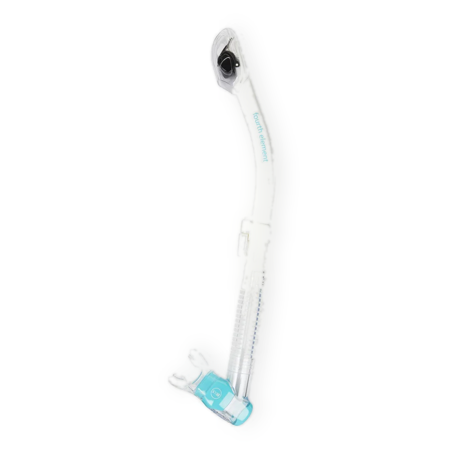 Fourth Element dry snorkel in black, shown in profile with the dry top valve and flexible lower section