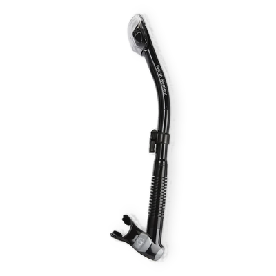 Fourth Element dry snorkel in black, shown in profile with the dry top valve and flexible lower section