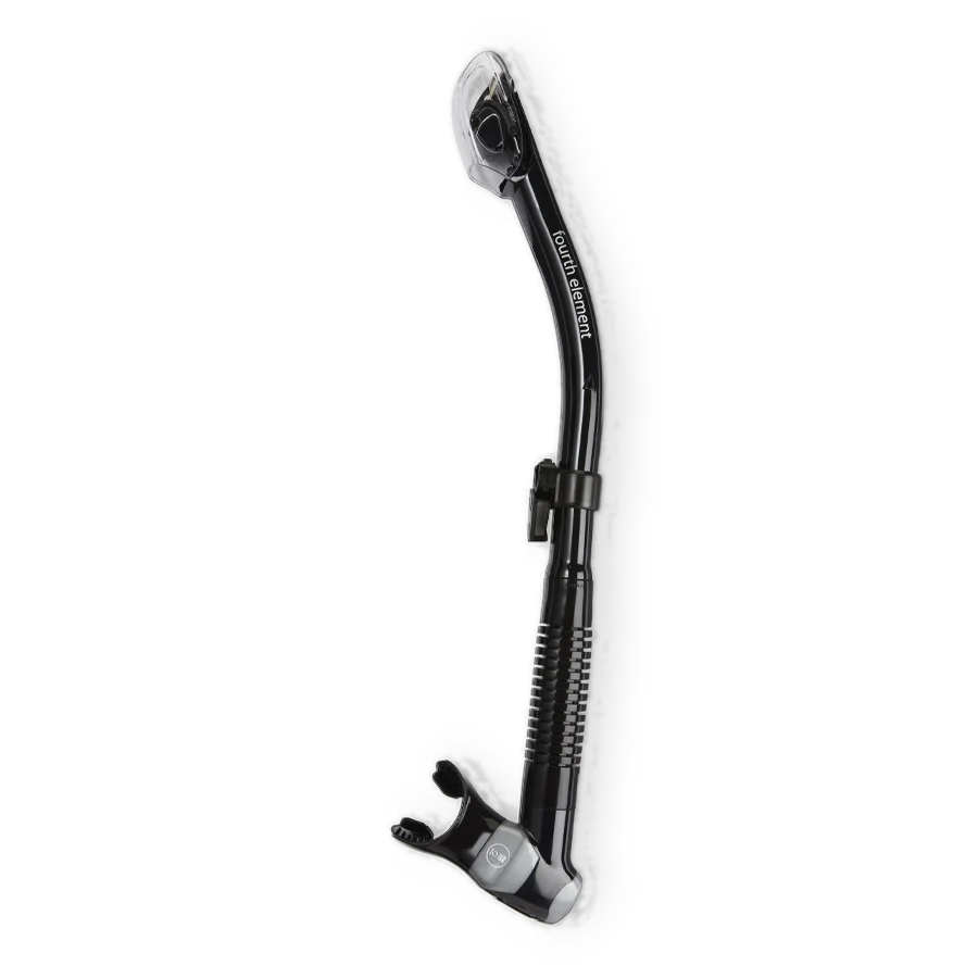 Fourth Element dry snorkel in black, shown in profile with the dry top valve and flexible lower section