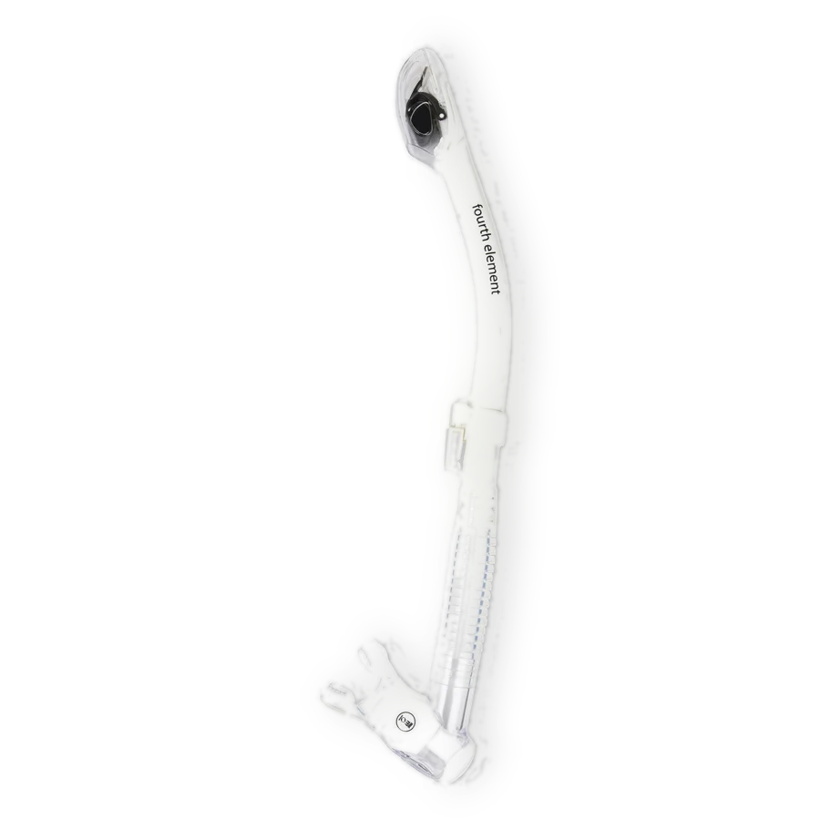Fourth Element dry snorkel in black, shown in profile with the dry top valve and flexible lower section