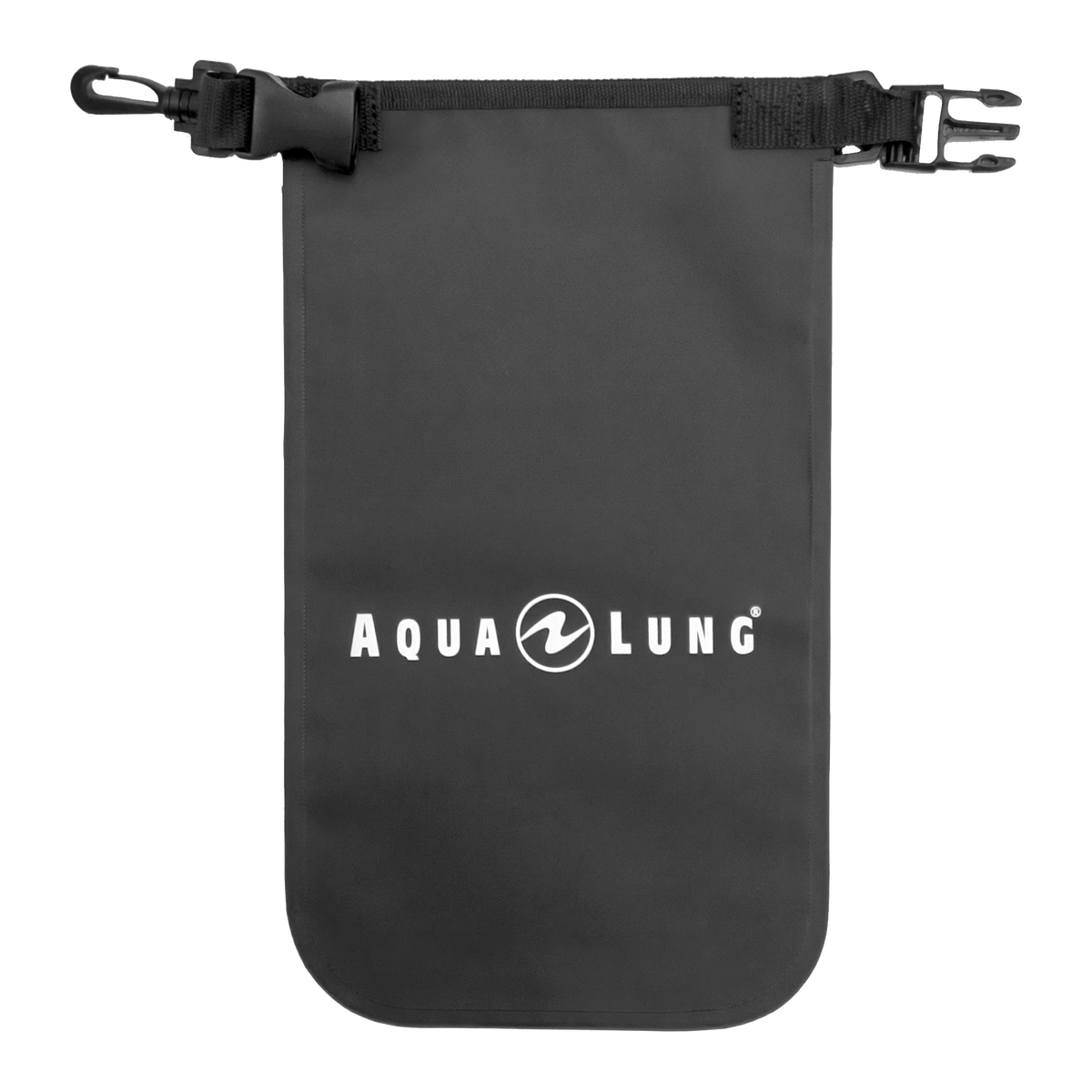 Aqua Lung roll-top dry bag in grey tarpaulin, shown rolled and clipped with the Aqualung name across the front